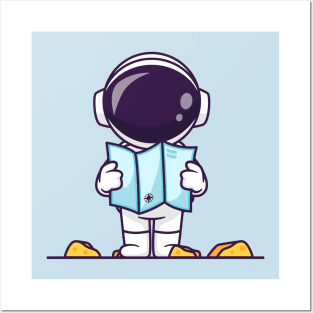 Cute Astronaut Holding Map In Moon Cartoon Posters and Art